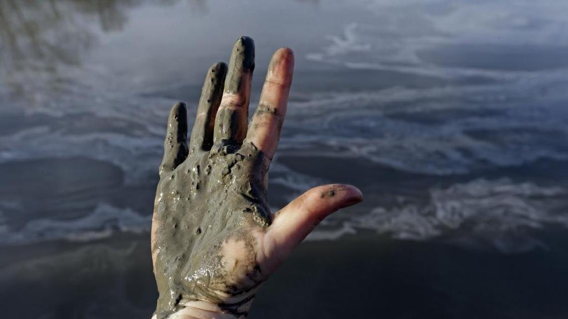 Amy Adams, North Carolina campaign coordinator with Appalachian Voices, shows her hand covered with wet coal ash from the Dan River swirling in the background as state and federal environmental officials continued their investigations of a spill of coal ash into the river in Danville, Va., Wednesday, Feb. 5, 2014.