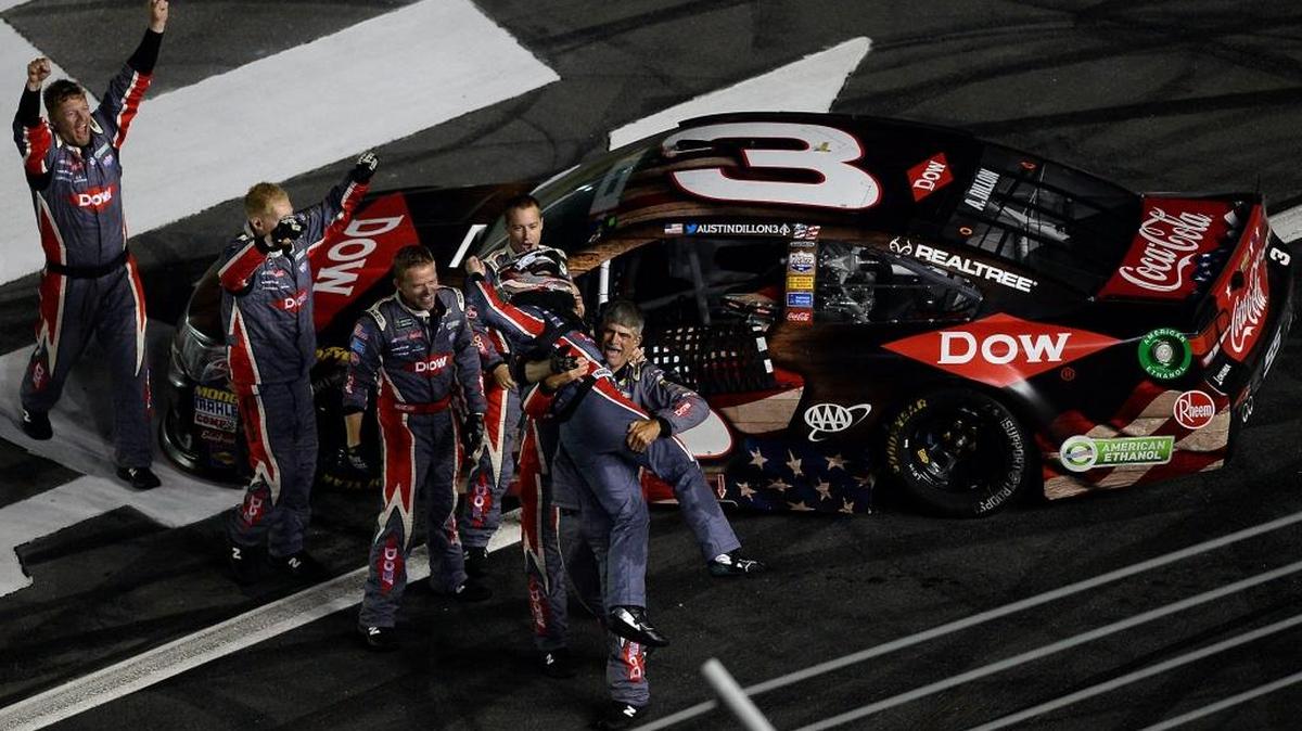 NASCAR driver Austin Dillon is lifted up as he and his team celebrate winning the Coca-Cola 600 at Charlotte Motor Speedway in May. The track’s operator, Speedway Motorsports, reported earnings Wednesday.
