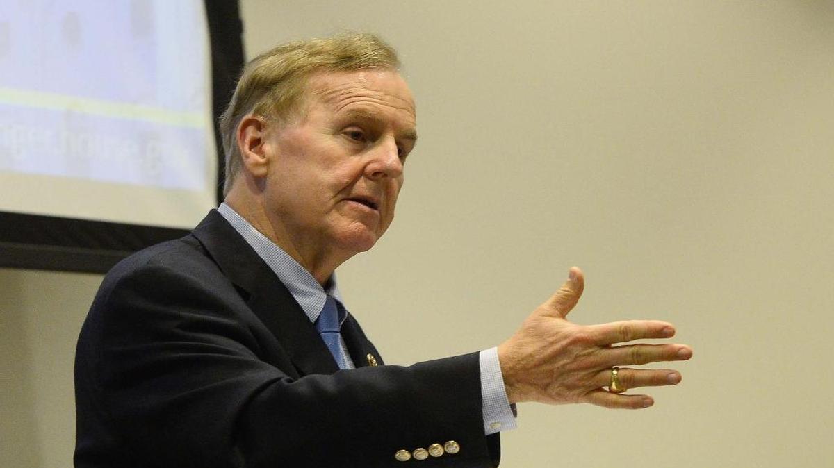 
Congressman Robert Pittenger, a Republican in his second term, speaks to the audience during a town hall meeting in Mooresville in August 2015.

