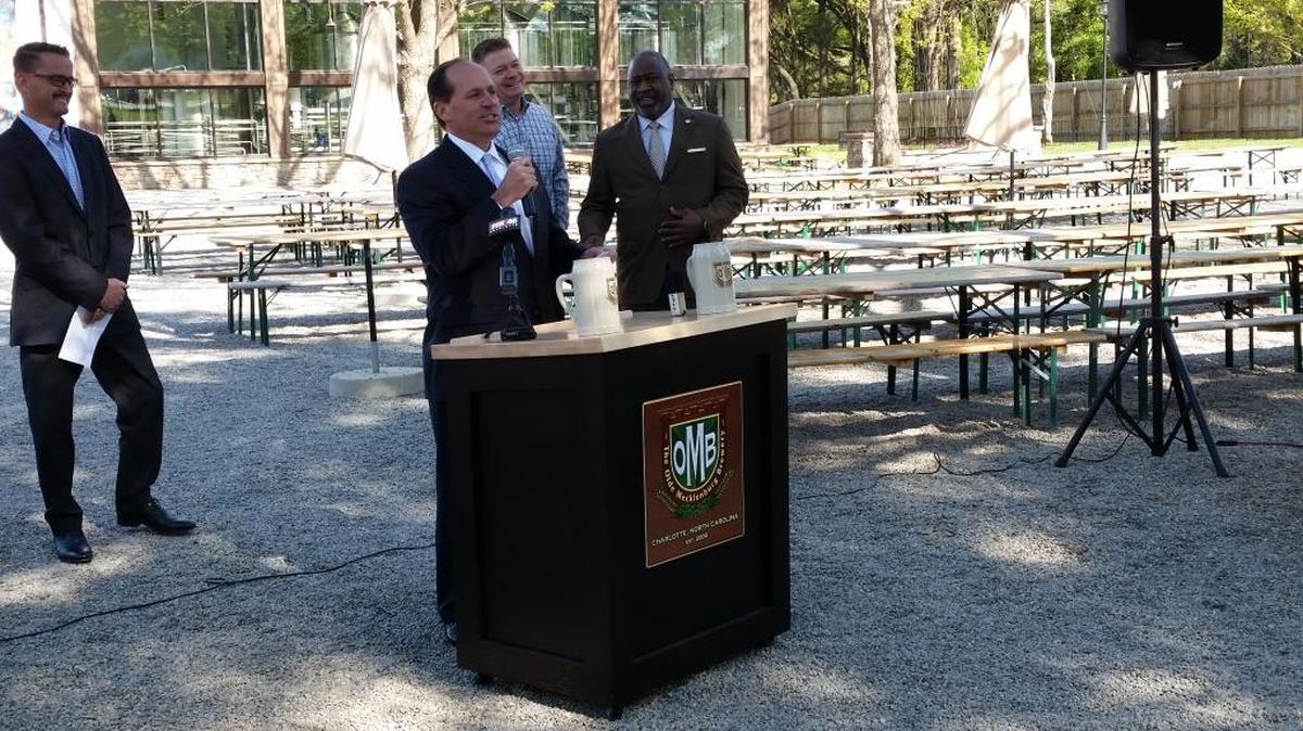 Charlotte Chamber CEO Bob Morgan speaking at OMB in South End Wednesday