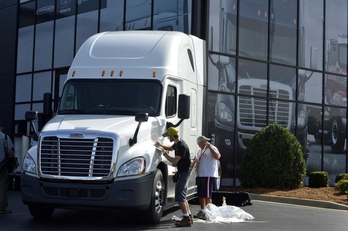 This is a truck produced at Daimler’s Cleveland plant. Daimler employees are planning to strike for more pay if a new contract isn’t reached Friday..