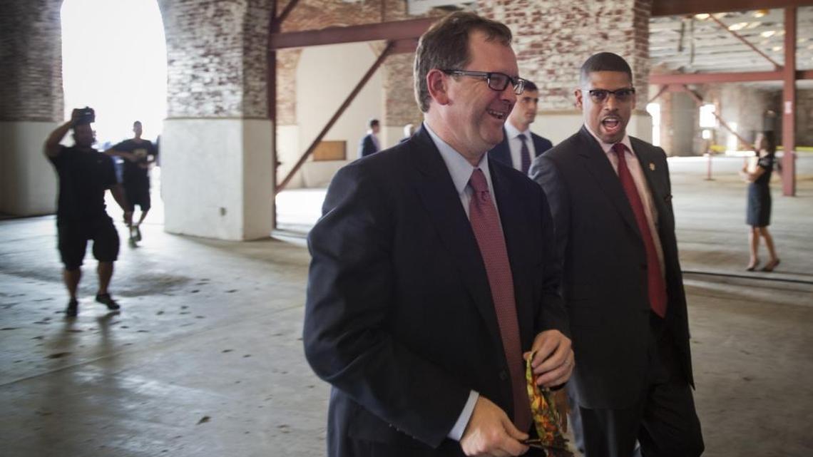 Major League Soccer Deputy Commissioner Mark Abbott, left, walks with Sacramento Mayor Kevin Johnson to a joint press conference in Sacramento in 2014. As Charlotte and Mecklenburg County consider using public funds to help pay for a proposed $175 million Major League Soccer stadium in Elizabeth, a meeting next week with MLS officials will be be closed to the public.