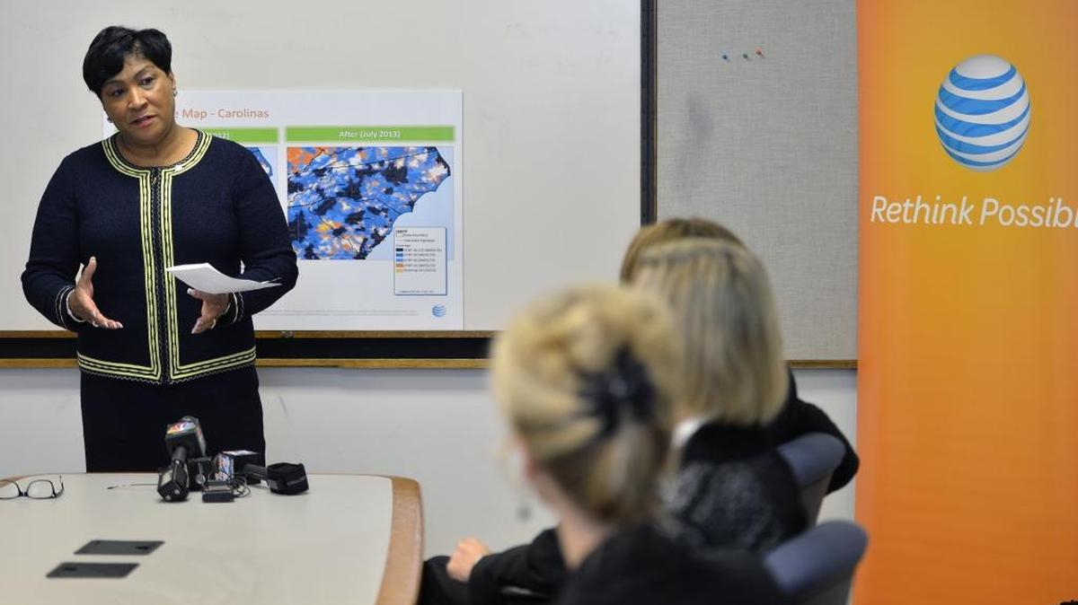
Venessa Harrison, state president, North Carolina AT&T, talks with North Carolina representatives of the provider’s expansion in this 2013 file photo.

