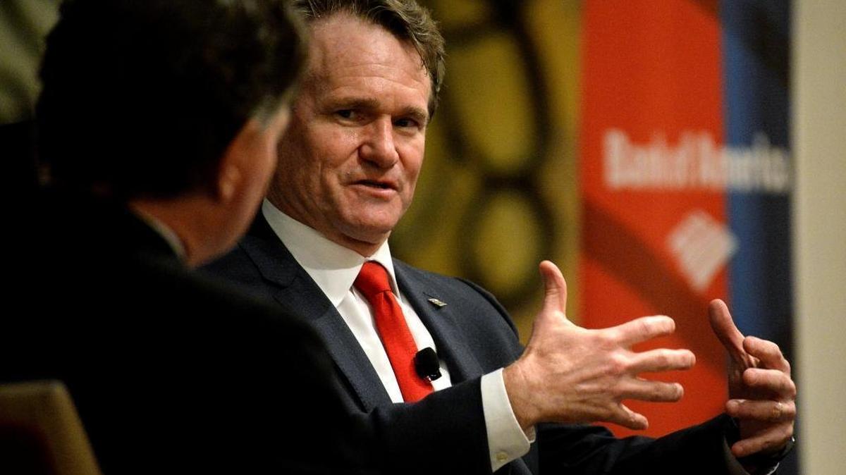 Bank of America CEO Brian Moynihan, right, speaking with Michael Marsicano, president and CEO of Foundation for the Carolinas.