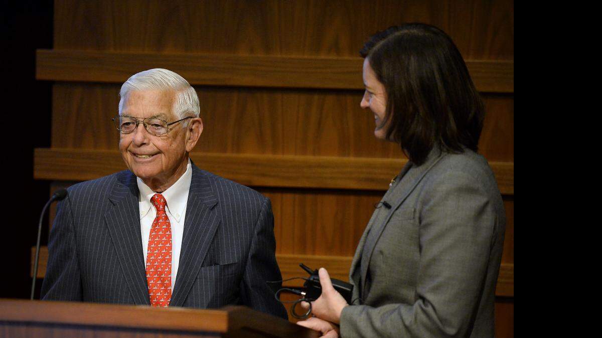 
Hugh McColl Jr., former Bank of America chairman and CEO, left, introduces N.C. Treasurer Janet Cowell prior to her announcement about the pension fund's Innovation Fund at the Bechtler Museum of Modern Art in Charlotte on Wednesday.
