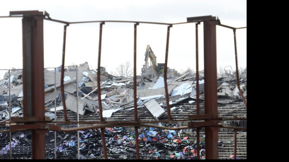 
Charlotte-based Cato Corp. said April sales fell as the timing shift of Easter drew more customers to stores in March, boosting that month’s sales. In this March photo, demolition is underway at the former Charlotte Knights stadium site in Fort Mill, where Cato said it plans to build a distribution center in the 32-acre space. 
