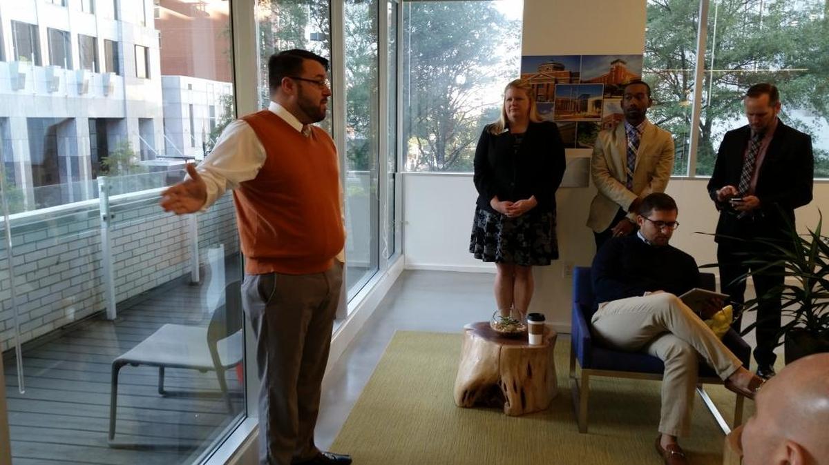 Charlotte LGBT Chamber of Commerce President Chad Turner explains the group’s name change Thursday at the Charlotte Chamber.