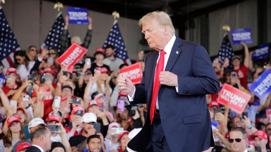 Donald Trump dances while leaving the stage at his rally Saturday, Nov. 2, 2024 in Gastonia, N.C.