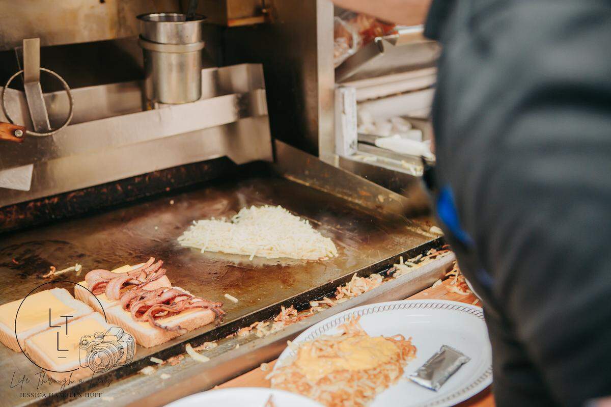 The menu included heart-shaped hash browns and the typical Waffle House fare.
