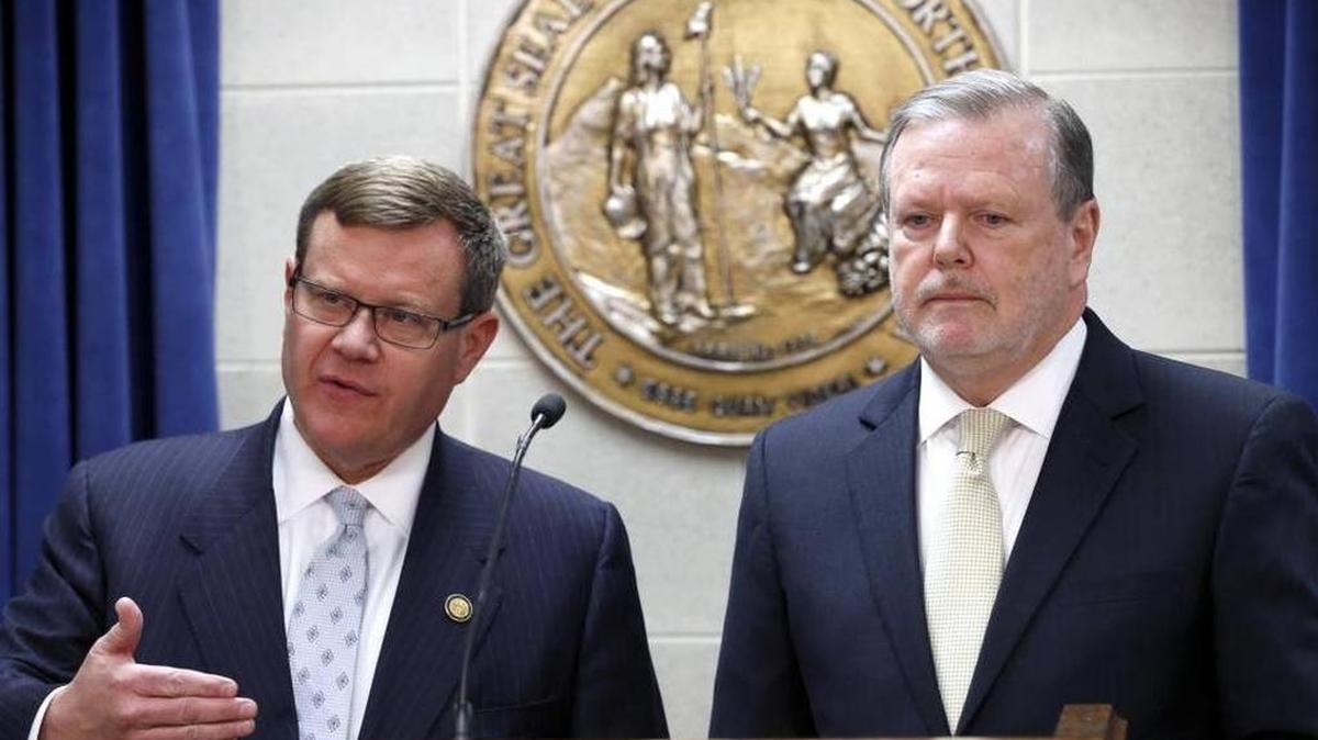 Republican leaders Rep. Tim Moore, Speaker of the N.C. House, left, and Sen. Phil Berger, President pro tem of the N.C. Senate announce last Tuesday they thought they had reached a compromise with Democratic Gov. Roy Cooper on a replacement for HB2.