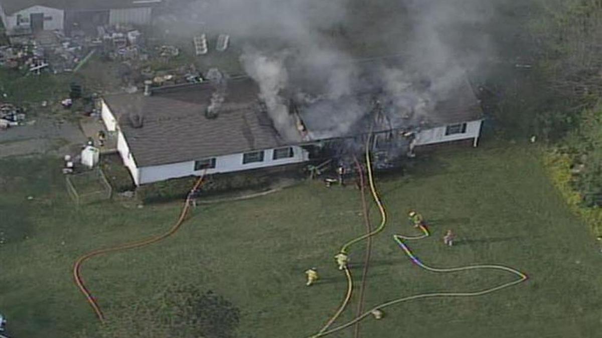 An aerial view of a house fire in Union County where five dogs died on Friday.