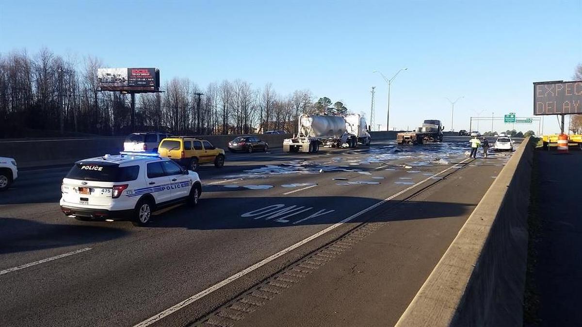 Three of five lanes are closed on Interstate 85 southbound near Statesville Avenue in Charlotte on Wednesday morning, after metal debris spilled onto the highway after a wreck.