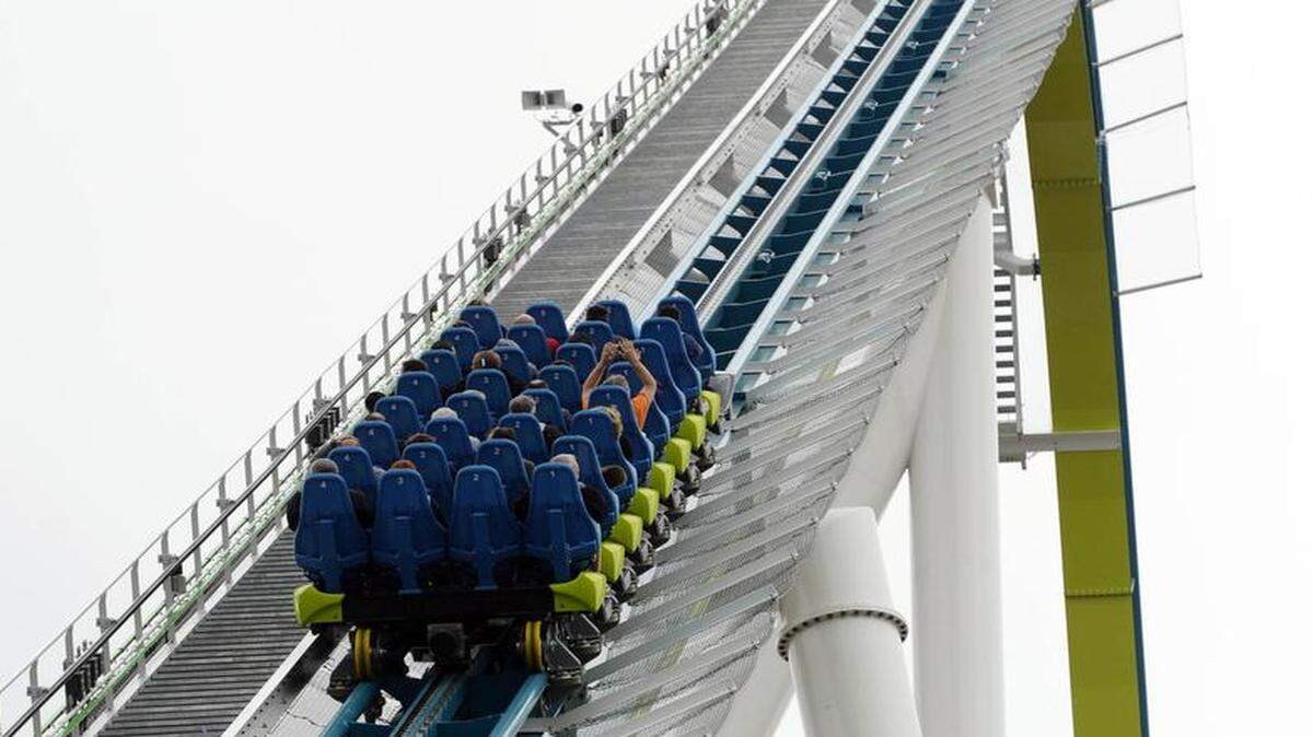 
A set of cars heads to the top of the first hill on Carowinds' new Fury 325.
