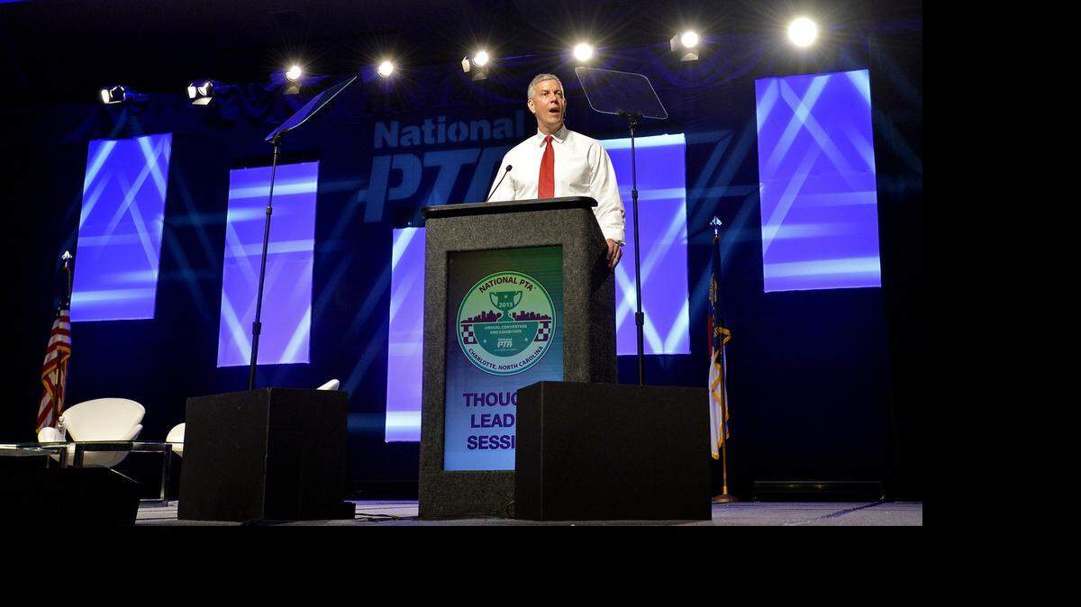 
Arne Duncan, United States Secretary of Education, Arne Duncan, speaking at the National PTA Conference at the Charlotte Convention Center, Friday, June 26, 2015.
