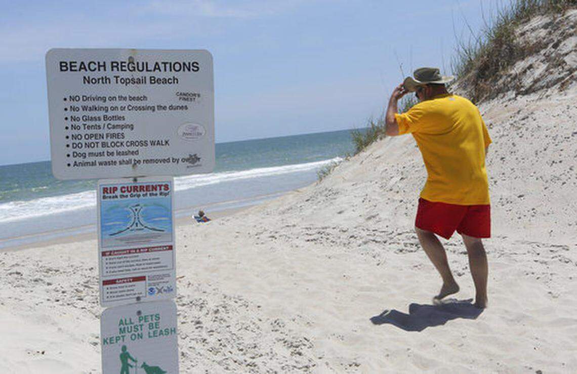 Signs warn beach goers about rip currents in additions to regulations along North Topsail Beach.