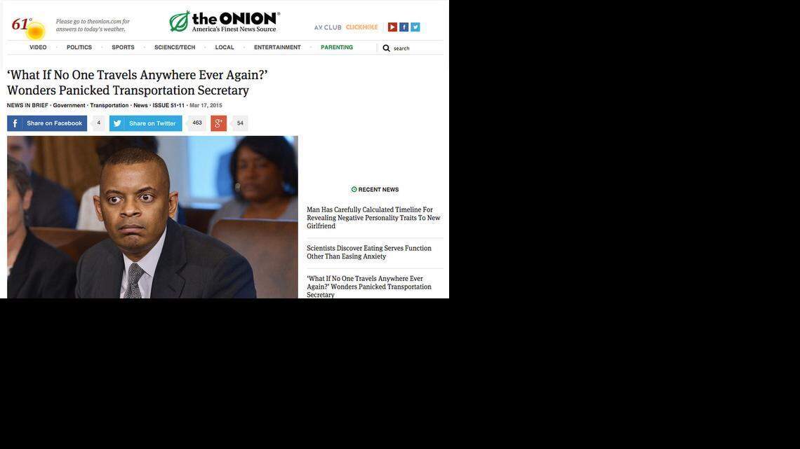 
The satirical online newspaper the Onion poked fun at former Charlotte mayor Anthony Foxx, who is now the U.S. Secretary of Transportation.
