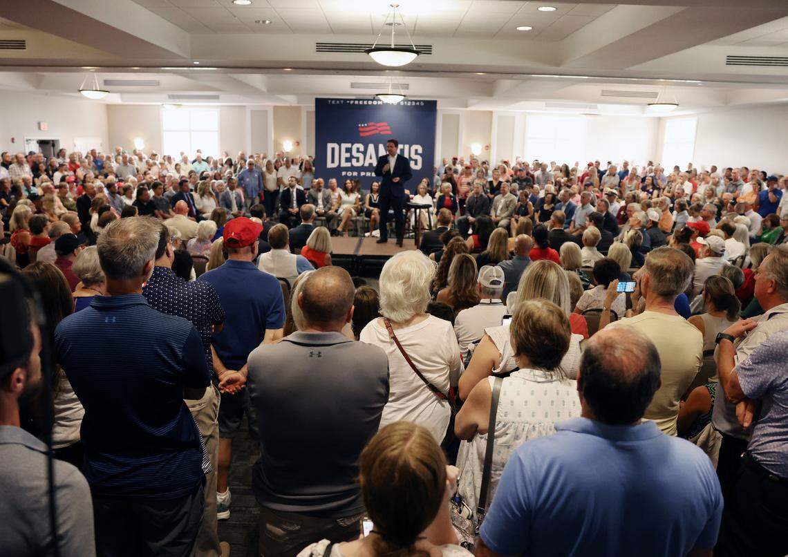 U.S. presidential hopeful Ron Desantis speaks to a crowd of hundreds Monday, July 17, 2023 at the Tega Cay Country Club in Tega Cay, S.C.