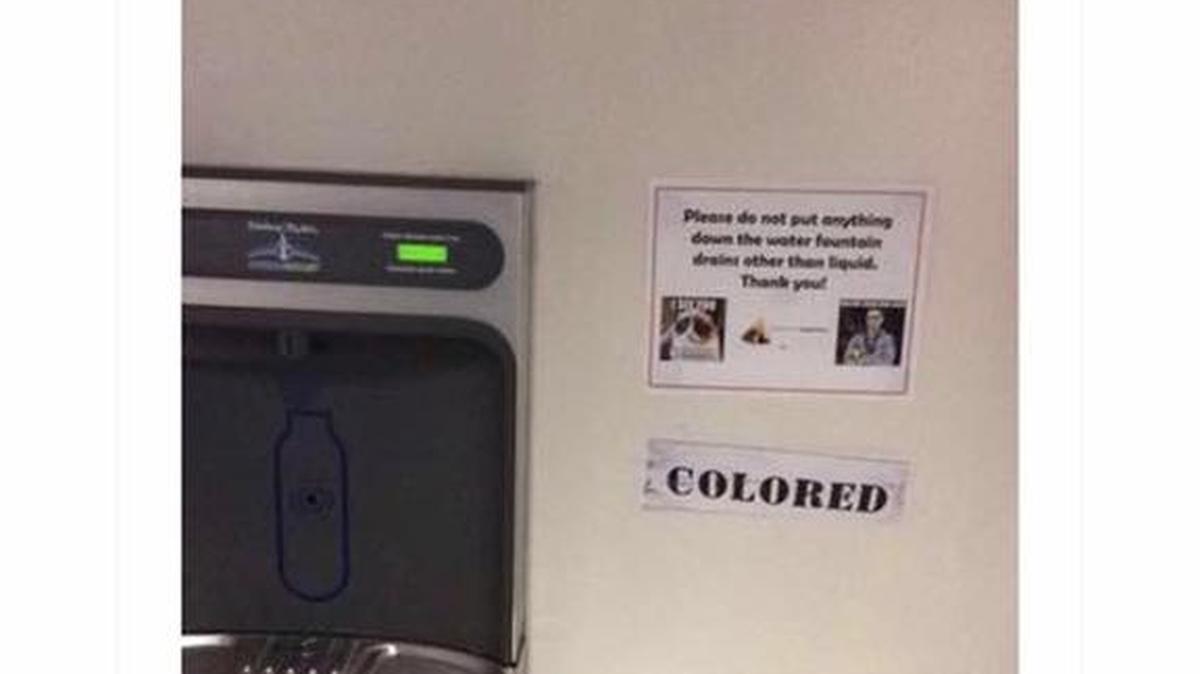 Image shared on Twitter and Facebook Thursday of an offensive sign on a UNCC drinking fountain.