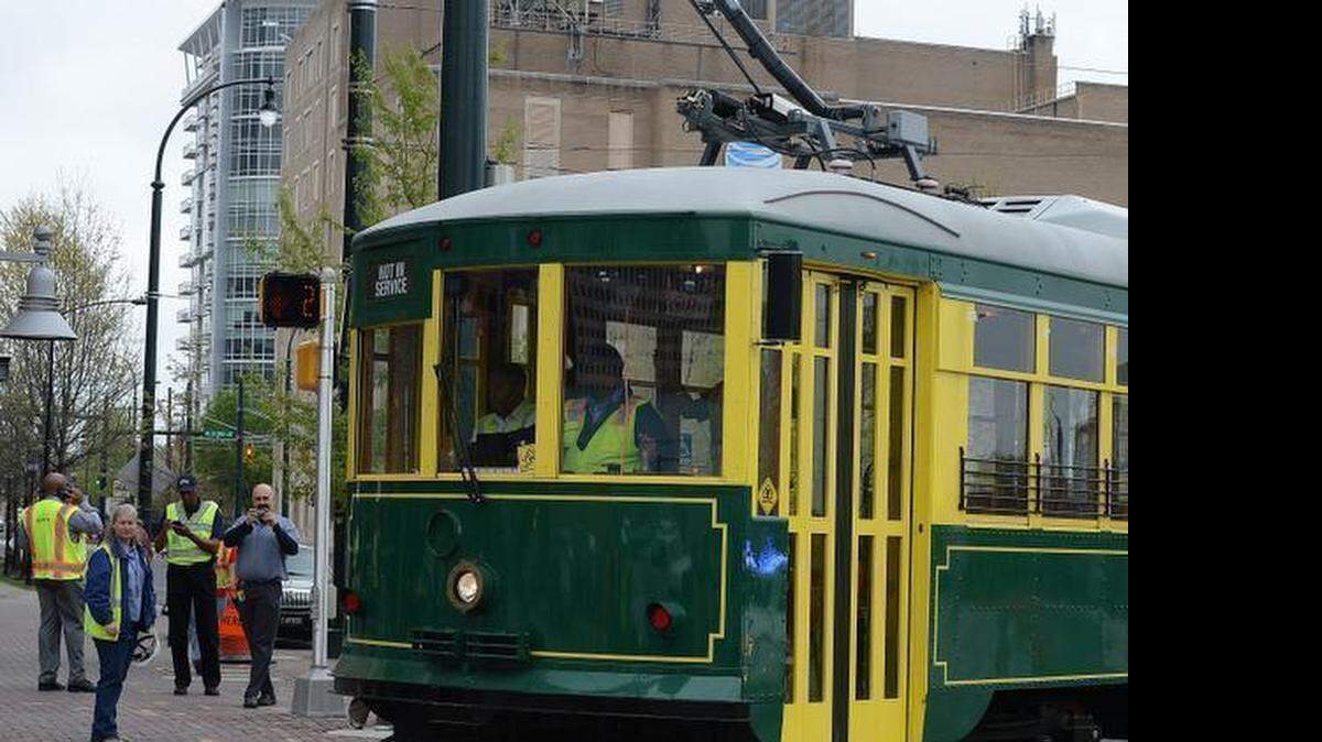 Charlotte Area Transit System officials test the CityLynx Gold Line streetcar in April. The streetcar traveled along Caldwell Street to Trade Street, operating alongside uptown traffic.

