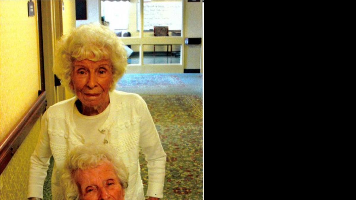 
Identical twins Ina Rodocker, who lives in Monroe, N.C., and Nina France were wished a happy 100th birthday by Willard Scott on the Today Show Wednesday. Rodocker is pictured here standing behind her sister.
