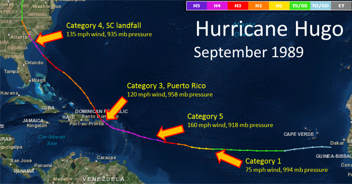 Hurricane Hugo was, in September 1989, the most damaging storm ever in the Atlantic. Seven hours after its landfall in South Carolina, Hugo still produced hurricane-force winds across the western Piedmont and foothills of North Carolina.