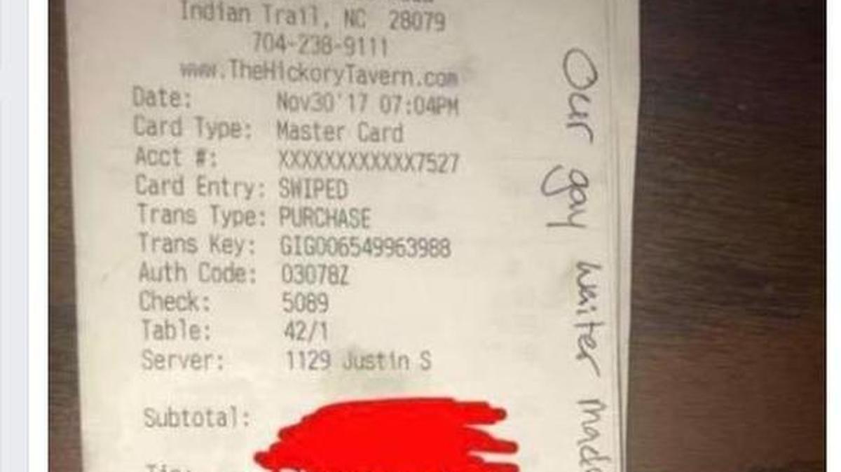 Hickory Tavern confirmed on Tuesday that it fired a server who posted a customer’s receipt online on which the patron complained in writing about the server being gay. The restaurant chain said it offered the server his job back after learning he may not have understood the company’s confidentiality policy that prohibits posting credit card receipts online. Hickory Tavern also condemned the patron’s remarks.