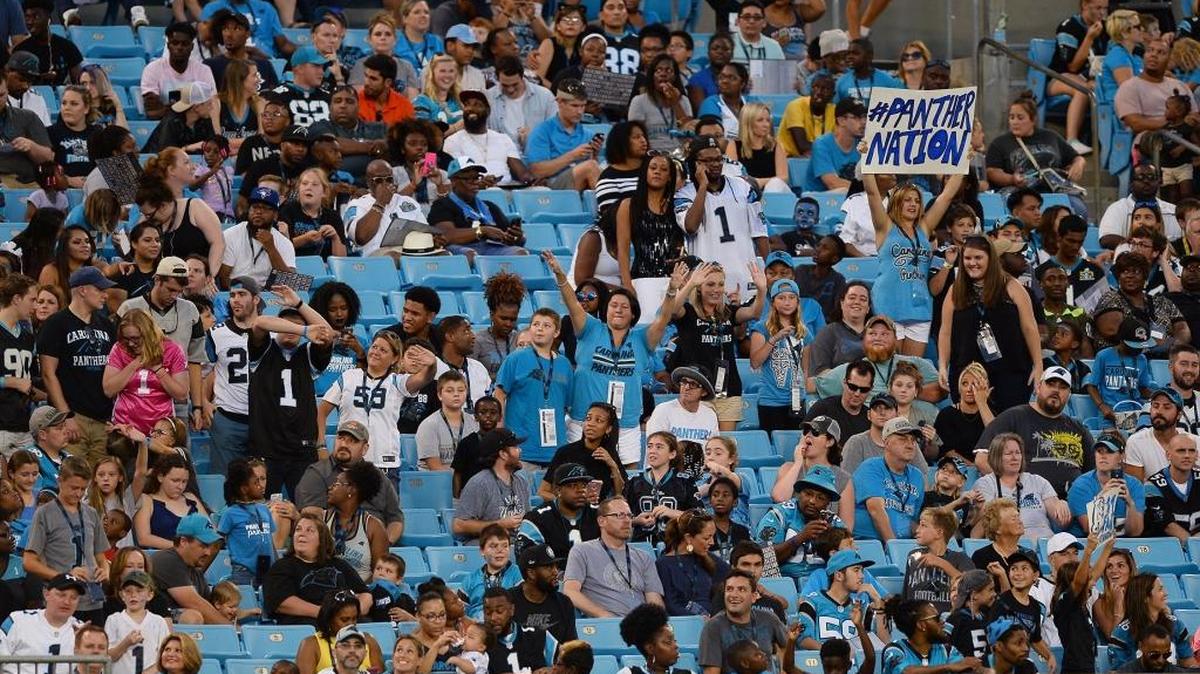 Carolina Panthers fans cheer the team during Fan Fest at Bank of America Stadium in Charlotte, NC on Friday.