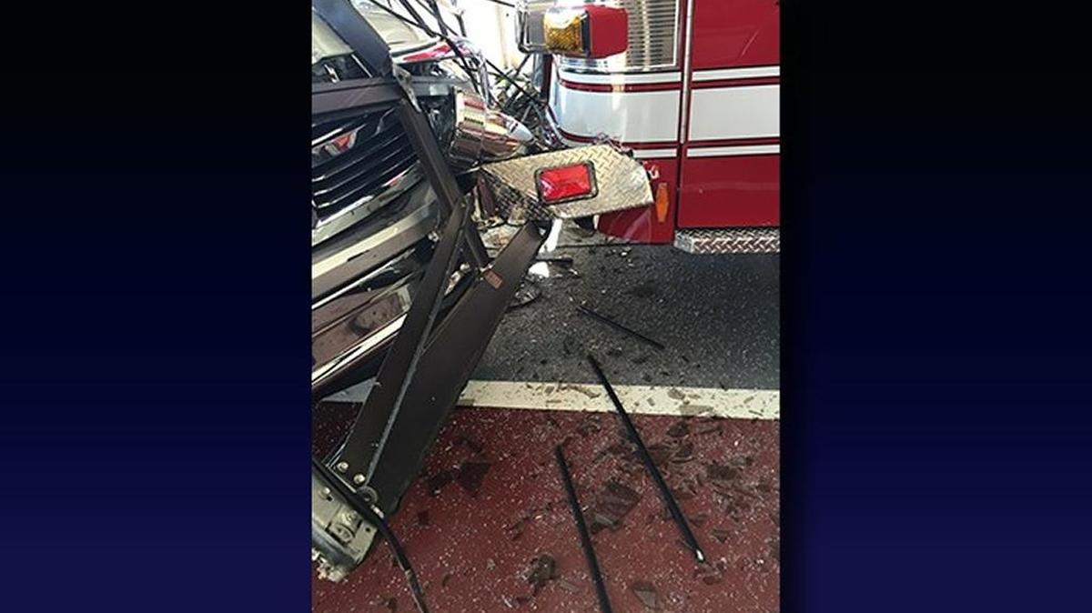 A pickup truck damages the building and a firetruck at Shepherds Fire and Rescue Station 1 in Mooresville on Sunday morning.