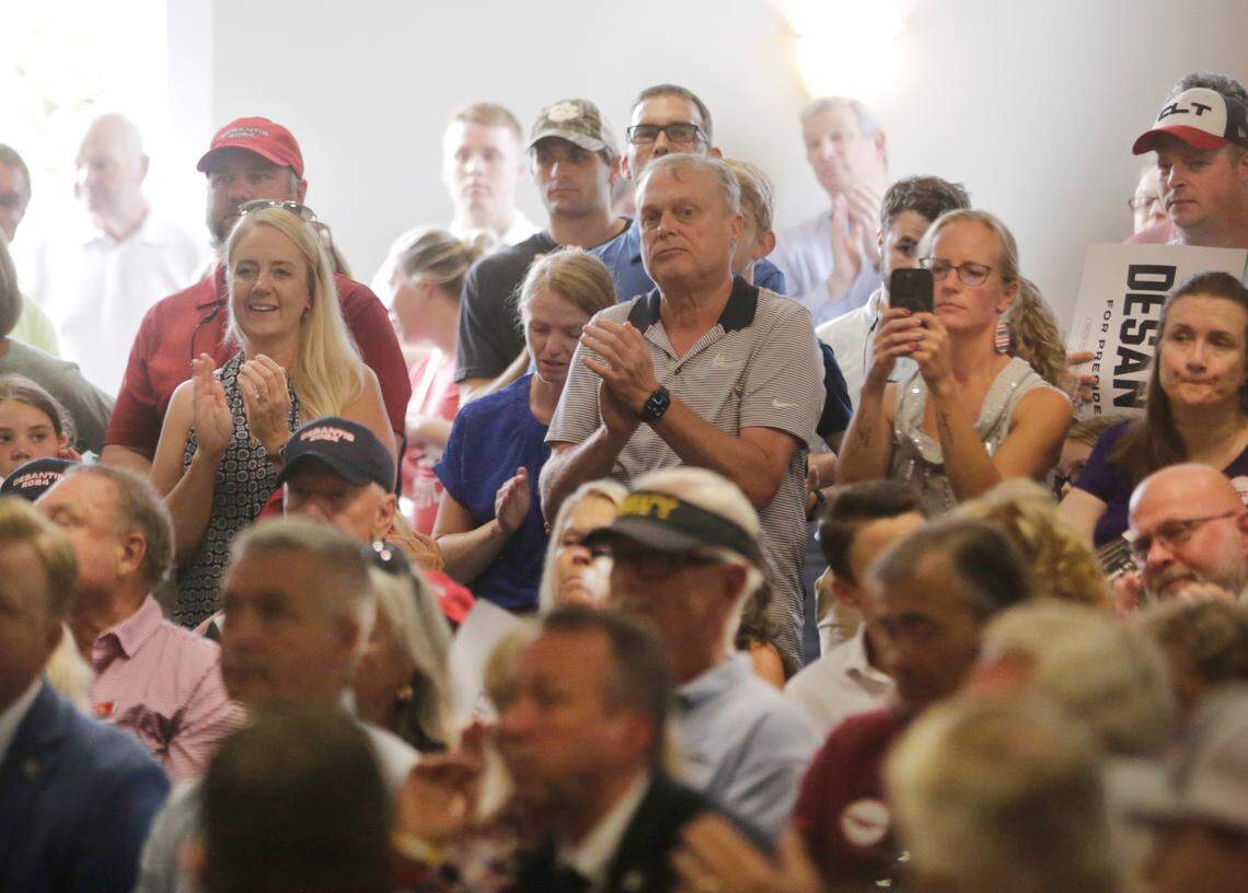 A crowd of supporters listens to U.S. presidential hopeful Ron Desantis Monday, July 17, 2023 in Tega Cay, S.C.