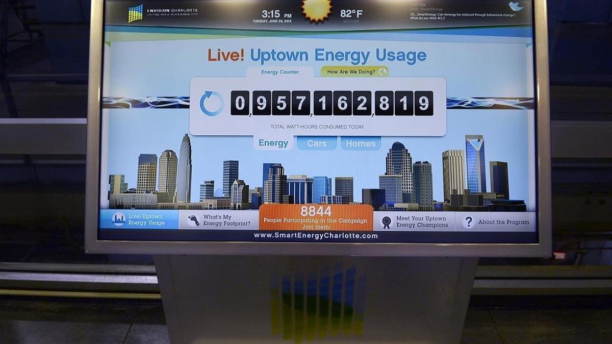 A lobby kiosk updates real-time energy data as part of the Envision Charlotte initiative.