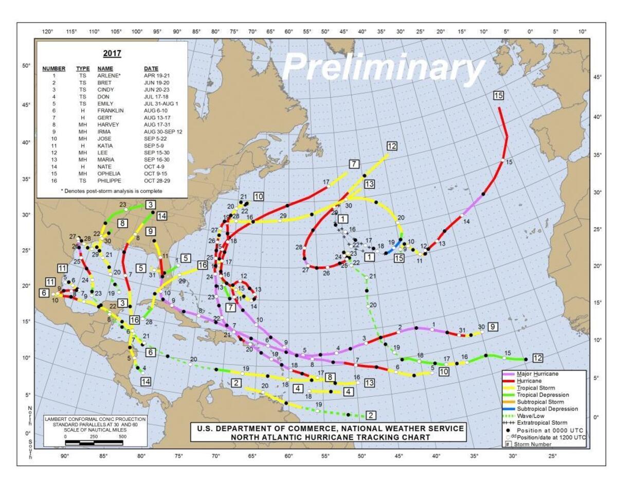 Atlantic tropical storm tracks in 2017.