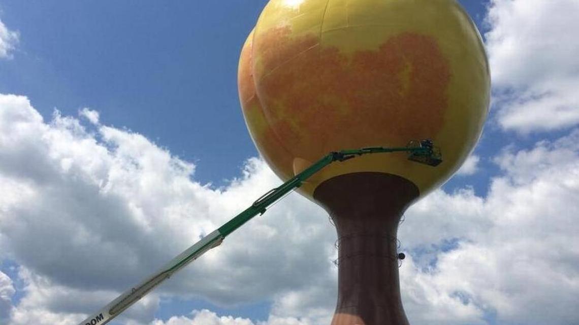 The Peachoid water tower when it was last painted in 2015.