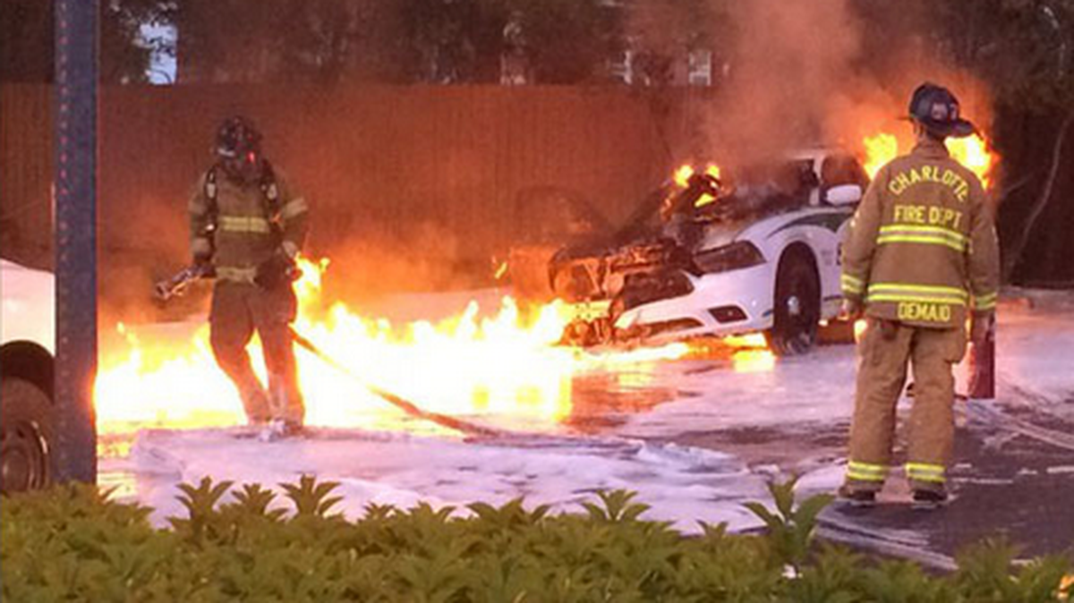 Charlotte firefighters were on Elizabeth Avenue after a Mecklenburg County Sheriff’s Office cruiser caught fire.