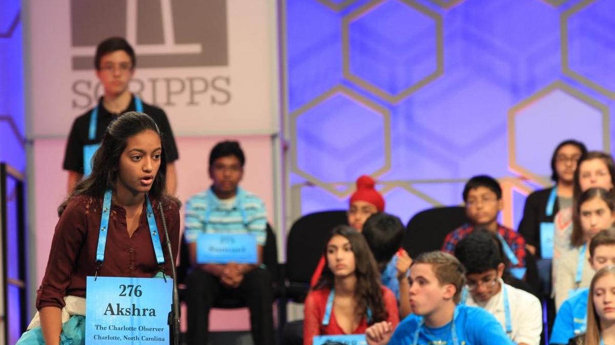 Randolph Middle School student Akshra Paimagram, 14, spells “sorbitol” correctly during the second preliminary round of the national bee.