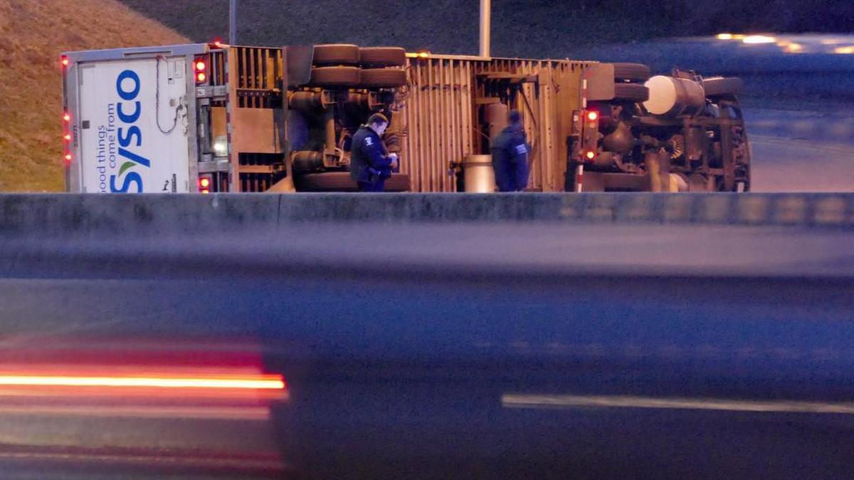 An overturned tractor-trailer could disrupted early morning traffic on the exit ramp of Independence Boulevard to Wendover Friday morning.