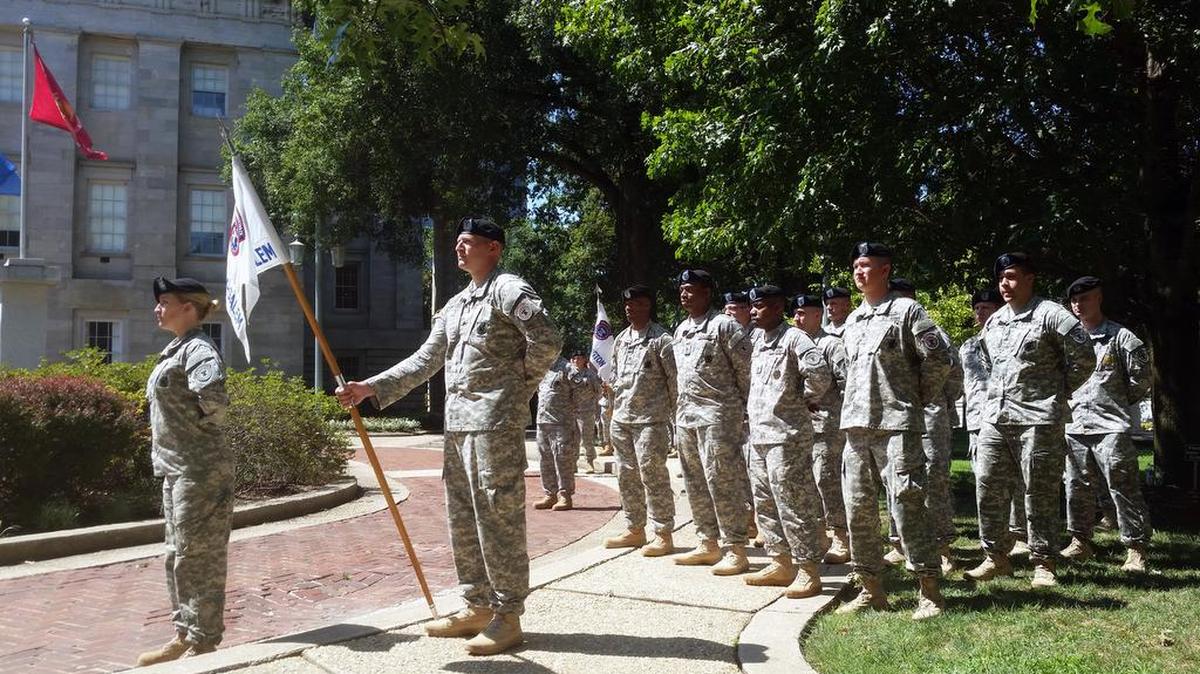 
The Winston-Salem company of the U.S. Army Raleigh Recruiting Batallion observes Lt. Col. Tim Hudson assume command of the battalion in a ceremony on the state capitol grounds. He will be in charge of Army recruiting for most of the state. 
