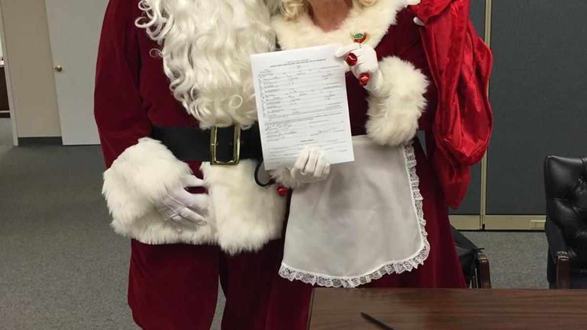 Santa and Mrs. Claus – aka Jack Mounts and Fran Bradham – applied for a marriage license at York County Probate Court this week.