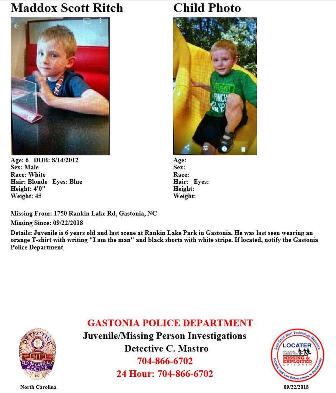 A missing person poster for Maddox Ritch said he was last seen at Rankin Lake Park in Gastonia.