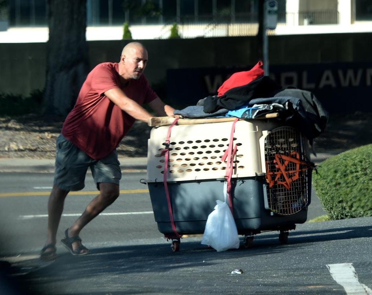 Alan Lord, who is homeless, pushes a crate containing his Lab, Levi, and all their belongings, along Woodlawn Road on Friday morning.
