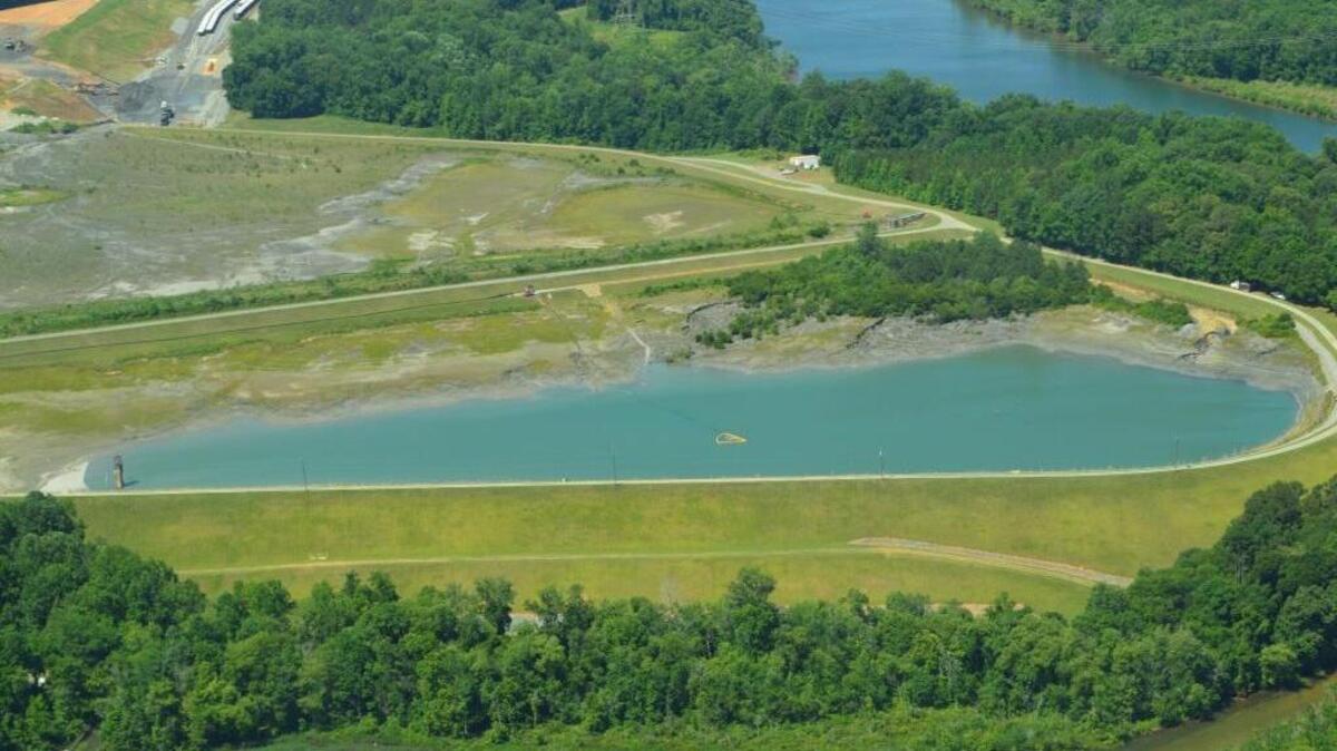 A coal ash pond at Duke Energy’s Riverbend power plant, seen from the air in June.