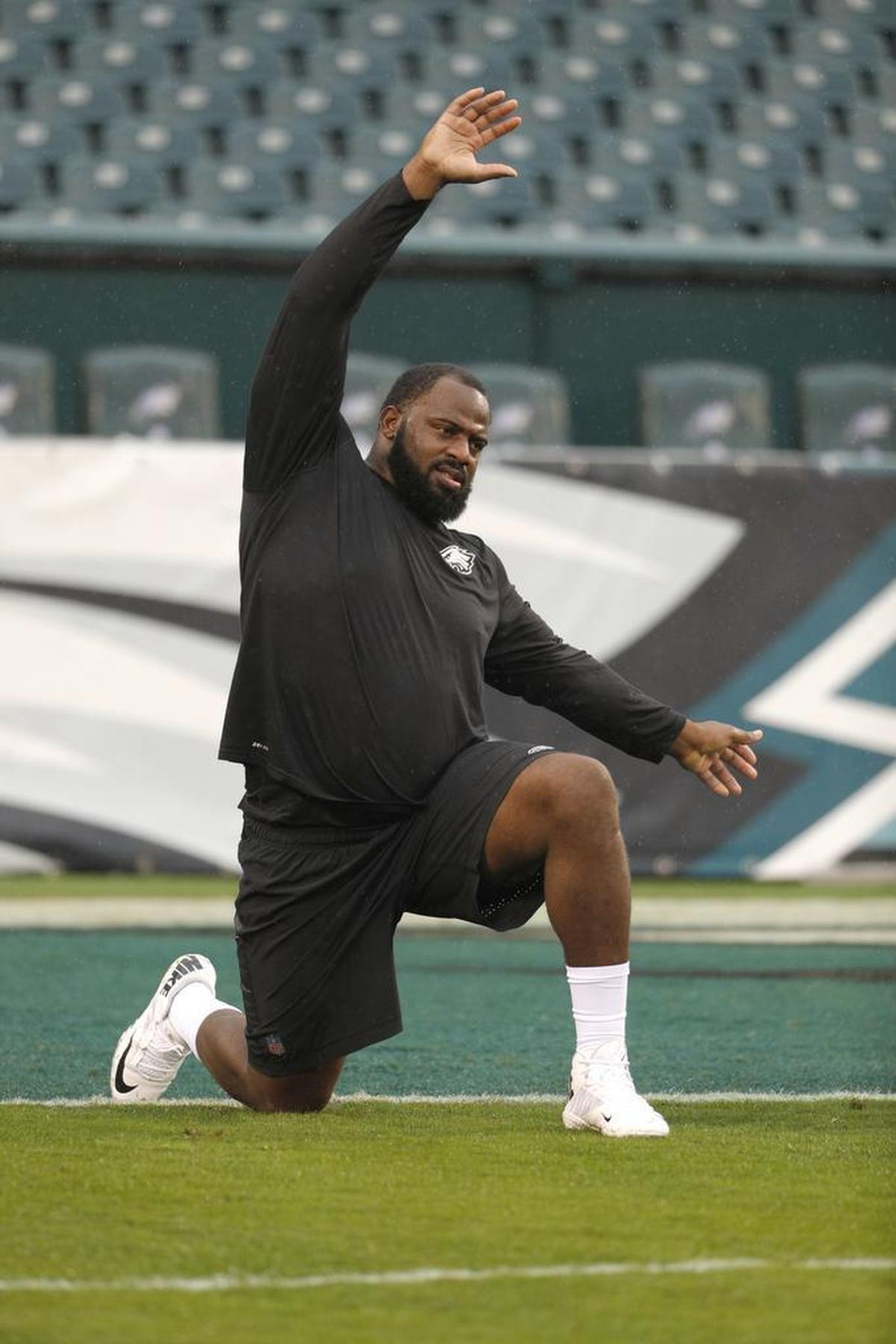 Philadelphia Eagles defensive tackle Fletcher Cox works out before an NFL football game against the San Francisco 49ers on Oct. 29.
