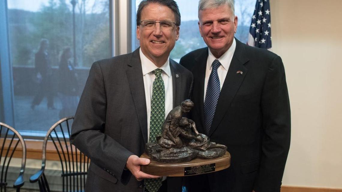 Franklin Graham on Thursday presented Gov. Pat McCrory with a Good Samaritan Award for helping North Carolinians impacted by Hurricane Matthew.