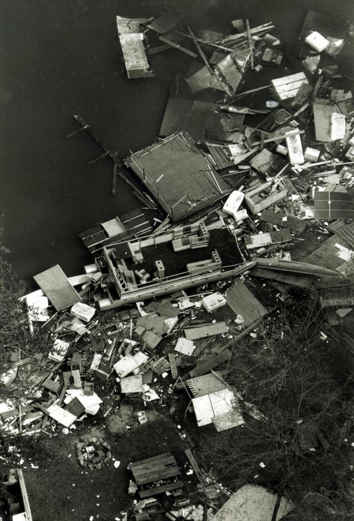 Debris from hurricane Hugo including a pontoon boat wash onto the shore of Lake Norman, north of Charlotte.