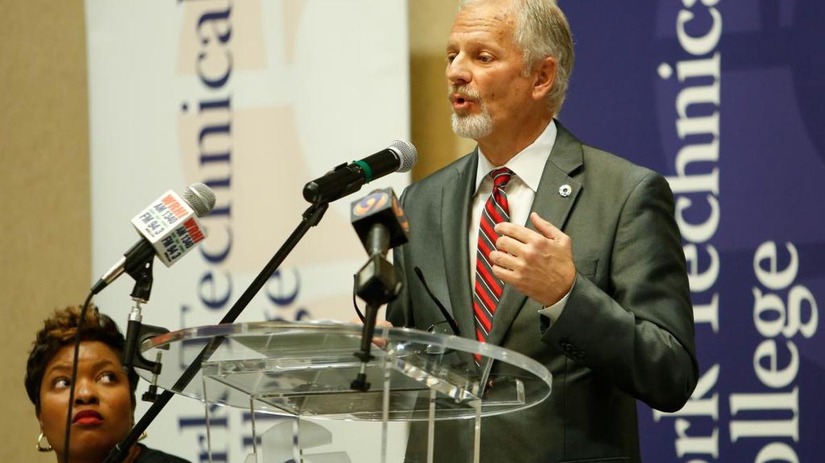 Dr. Greg Rutherford, president of York Technical College makes a statement Oct. 31 during a press conference to address the lease agreement with the South Carolina Division of The Sons of Confederate Veterans.