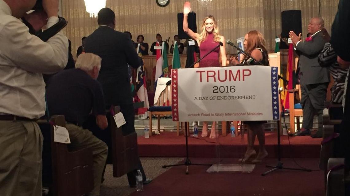 Lara Trump, wife of Eric Trump, spoke to the crowd about the character of the Trump family.