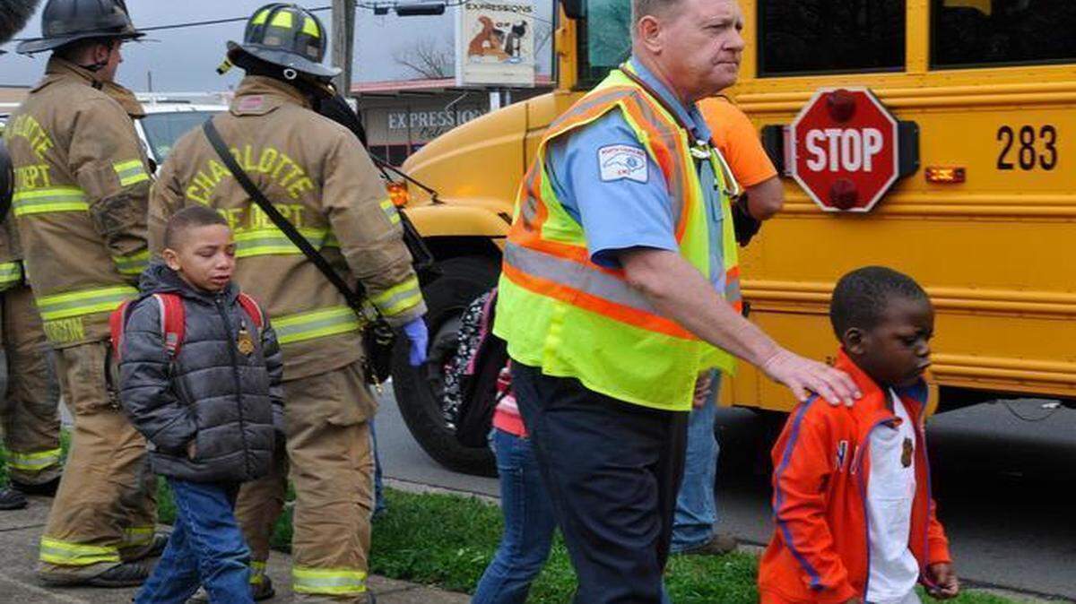 
Emergency workers were on the scene of an accident involving two Charlotte-Mecklenburg school bused and two passenger vehicles at South Tryon Street and Clanton Road Monday morning.


