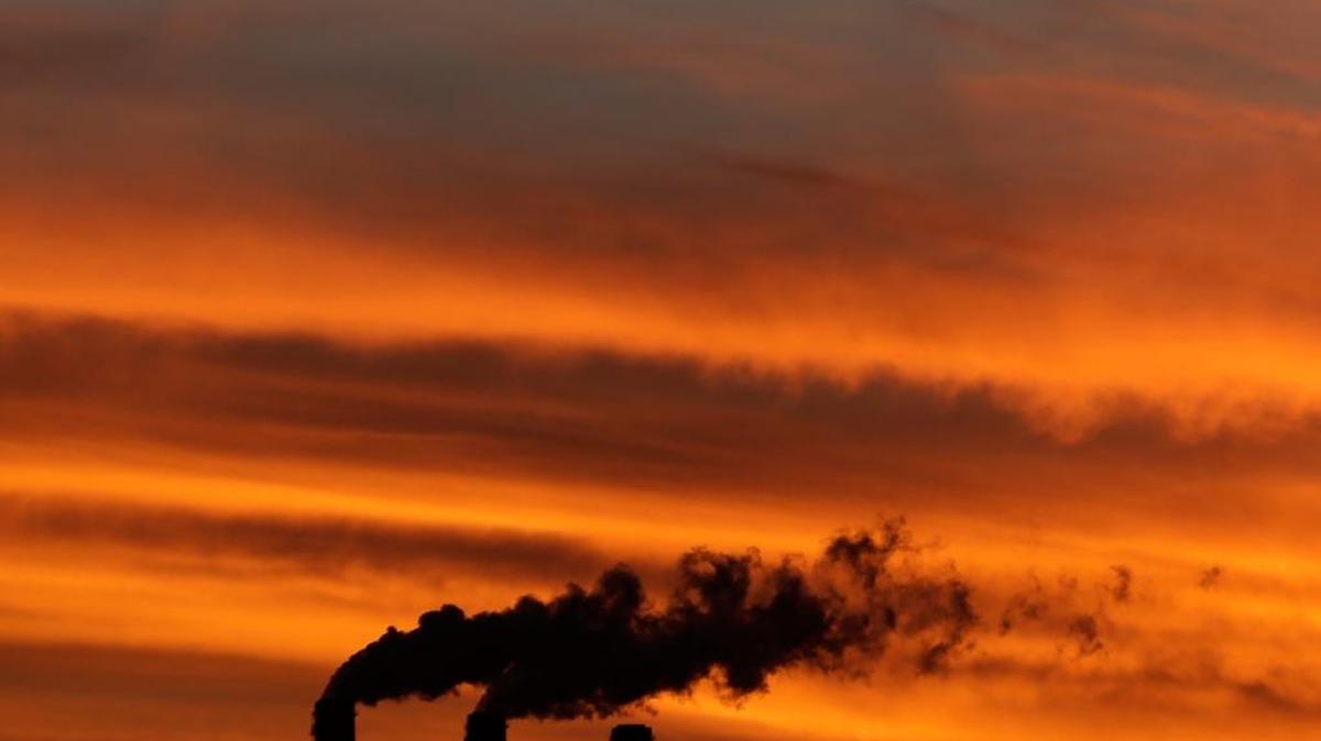 
A flock of geese fly past smokestacks in this 2012 photo.
