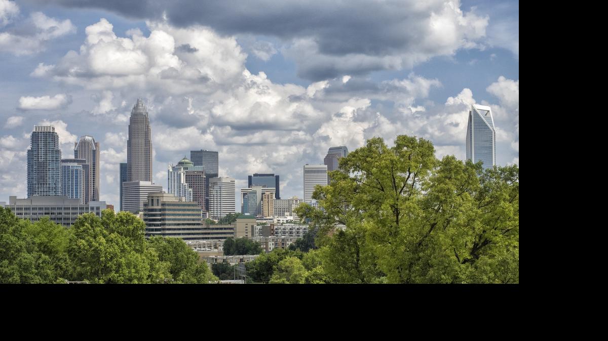 
View of uptown Charlotte skyline from atop Mosaic Village at Johnson C. Smith University. 
