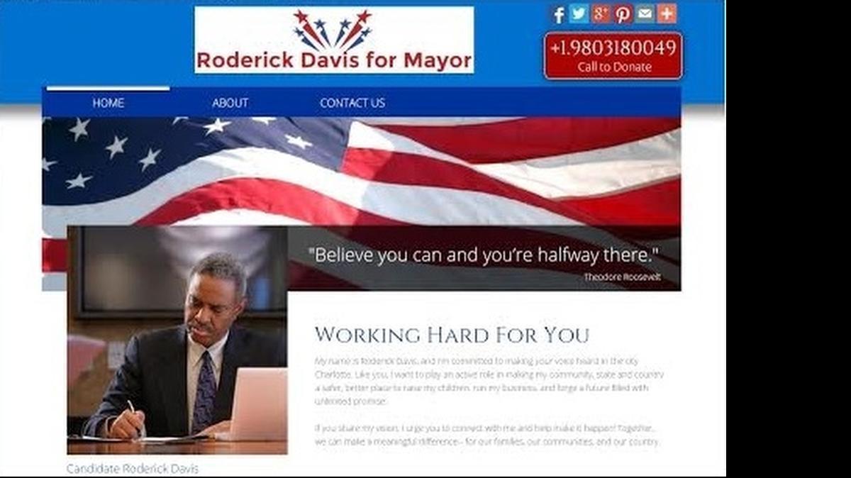 
Roderick Davis became the fifth Democrat to file paperwork to run for Charlotte mayor. His campaign web site provides information about a candidate named Vince Smith, who says he is running to serve on Capitol Hill.
