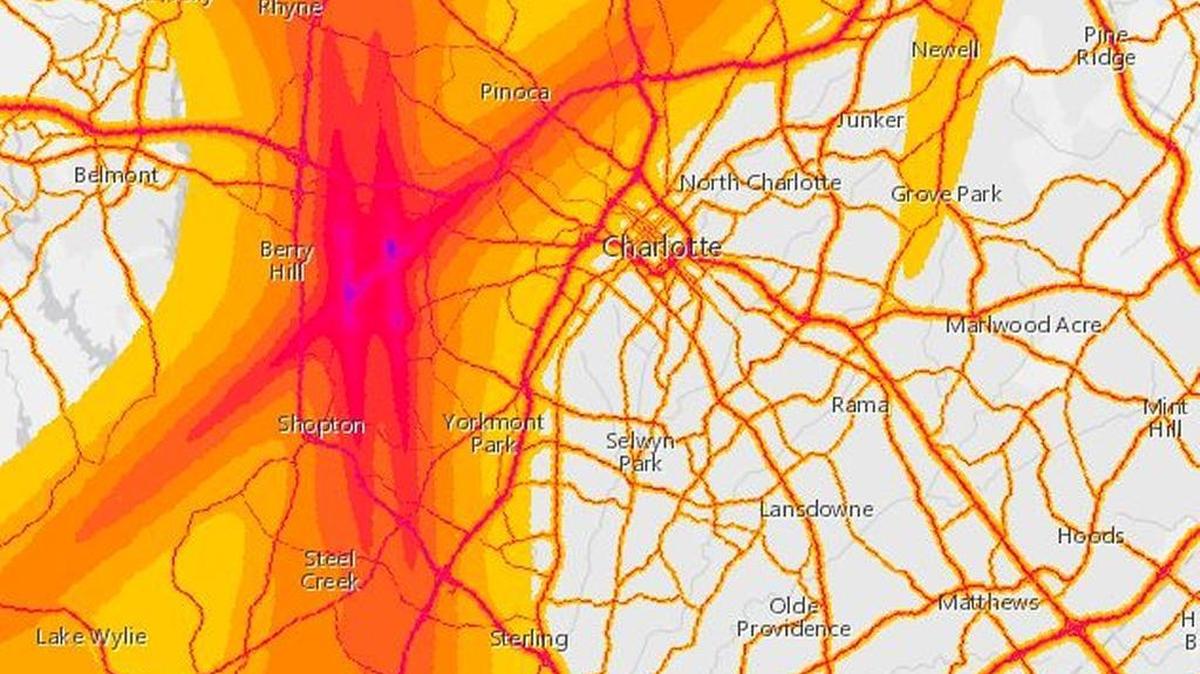 A screenshot of the interactive map showing noise around Charlotte Douglas International Airport.